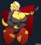  2018 anthro artist_name big_breasts blonde_hair bottomwear breast_squish breasts brown_eyes canid canine canis cleavage cleavage_overflow clothed clothing curvy_figure digital_media_(artwork) domestic_dog eyelashes female fingers fur guitar hair hi_res highlights_(coloring) hourglass_figure huge_breasts looking_at_viewer mammal multicolored_hair musical_instrument pants plucked_string_instrument purple_hair purple_highlights short_hair simple_background smile solo squish standing string_instrument superix teeth thick_thighs torn_bottomwear torn_clothing torn_pants two_tone_hair voluptuous wide_hips yellow_body yellow_fur 