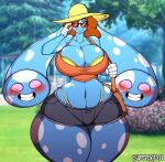  2018 absurd_res anthro artist_name big_breasts blue_body blue_fur blush bottomwear bra breast_squish breasts cleavage cleavage_overflow clothed clothing crop_top curvy_figure cutoffs denim denim_clothing detailed_background digital_media_(artwork) eyelashes eyewear female fingers fur geeflakes_(character) hair hi_res hourglass_figure huge_breasts lagomorph leporid looking_at_viewer mammal midriff monster multicolored_body multicolored_fur navel one_eye_obstructed orange_eyes orange_hair outside purse rabbit sentient_ears shirt short_hair shorts smile solo spots spotted_body spotted_fur squish standing sun_hat sunglasses superix teeth thick_thighs thong topwear two_tone_body two_tone_fur underwear voluptuous white_body white_fur white_spots wide_hips 