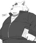  2021 5:6 anthro belly bottomwear canid canine canis clothing cute_fangs domestic_dog humanoid_hands kemono male mammal overweight overweight_male pants shirt simple_background solo topwear toshi_(artist) white_background 