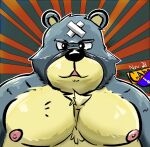  2021 animal_crossing anthro band-aid bandage black_nose curt_(animal_crossing) gabe_air grey_body hi_res male mammal moobs nintendo nipples overweight overweight_male portrait solo ursid video_games 