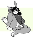  2021 anthro black_hair bodily_fluids bottomless butt claws clothed clothing digitigrade female finger_claws genital_fluids genitals green_background hair iriedono lagomorph leporid looking_at_viewer mammal pussy pussy_juice rabbit simple_background smile solo toe_claws white_background 