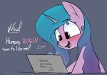  ! &lt;3 2021 blush computer dialogue digital_media_(artwork) english_text equid equine female feral fur grey_background hair hasbro hi_res horn horse izzy_moonbow_(mlp) laptop mammal mlp_g5 mulbmerl my_little_pony open_mouth pony purple_body simple_background solo teeth text tongue unicorn 