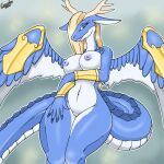  1:1 anthro blue_body blue_scales breasts canastus dragon duel_monster female hair lipstick long_ears long_hair long_tail looking_at_viewer makeup mature_female nipples nude pinup pose saffira_queen_of_dragons scales solo spread_wings wide_hips wings yu-gi-oh! yugioh 