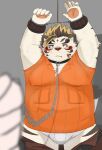  2021 9dtq0 absurd_res anthro blush bulge chain clothing felid handcuffed handcuffs hi_res humanoid_hands kemono leash licho_(tas) lifewonders male mammal overweight overweight_male pantherine restraints shackles shirt solo solo_focus tiger tokyo_afterschool_summoners topwear underwear video_games white_body 