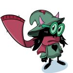  1:1 barefoot black_body black_fur bovid caprine clothing deltarune eyewear feet fluffy fluffy_tail fur glasses goat green_clothing hat headgear headwear magic_user male mammal ralsei scarf simple_background solo standing undertale_(series) unknown_artist video_games white_background 