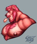  2021 absurd_res anthro barazoku beard big_muscles black_nose body_hair brown_body brown_eyes brown_fur brown_nipples bust_portrait chest_hair chillykuma clothed clothing eyebrows facial_hair fur hair happy_trail hi_res looking_at_viewer male mammal muscular muscular_anthro muscular_male mustache nipples pink_hair portrait rex_(furrybeefrex) simple_background solo thick_eyebrows topless ursid 