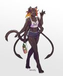  5:6 anthro beverage biped bottle bottomwear claws clothing crop_top digitigrade displacer_beast ear_piercing ear_ring female finger_claws fingerpads hi_res michel0dy multi_arm multi_limb pawpads piercing shirt shopping_bag shorts simple_background solo toe_claws topwear walking 