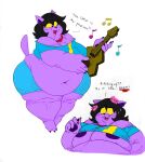 2021 4_fingers anthro areola belly big_belly big_breasts black_hair black_nose bodily_fluids breasts catty_(undertale) clothed clothing completedreame1 domestic_cat english_text eyelashes felid feline felis female fingers fur hair hi_res holding_object jewelry lute mammal musical_instrument musical_note navel necklace nipples obese obese_anthro obese_female open_mouth overweight overweight_anthro overweight_female plucked_string_instrument purple_body purple_fur purple_nipples redphlannel simple_background solo string_instrument sweat teeth text thick_thighs ukulele under_boob undertale_(series) white_background yellow_sclera 