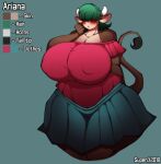  2018 absurd_res anthro ariana_(superix) artist_name big_breasts blush bottomwear bovid bovine breasts brown_body brown_fur cattle clothing curvy_figure digital_media_(artwork) female fingers fur green_hair hair hair_over_eyes hi_res horn huge_breasts long_tail mammal markings model_sheet mole_(marking) multicolored_body multicolored_fur nipple_outline short_hair simple_background skirt solo standing superix tan_body tan_fur thick_thighs tongue two_tone_body two_tone_fur voluptuous wide_hips 