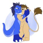  1:1 anthro cheek_to_cheek digitigrade dinosaur dromaeosaurid duo embrace felid hi_res hug korin_(species) kyrio lion male male/male mammal pantherine reptile romantic romantic_couple scalie scruffkerfluff standing theropod thick_tail 