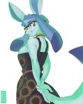  absurd_res anthro breasts butt_pose cleavage clothed clothing dress eeveelution eyewear fan_character female glaceon glasses hands_behind_back hi_res kemari looking_back nintendo pok&eacute;mon pok&eacute;mon_(species) pose simple_background solo video_games white_background 