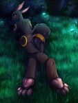  2021 3:4 absurd_res anthro black_body black_fur crossed_legs digital_media_(artwork) eeveelution feet female foot_focus fur fur_markings grass hi_res lidded_eyes looking_at_viewer lupiarts markings nintendo plant pok&eacute;mon pok&eacute;mon_(species) solo strategically_covered umbreon underpaw video_games yellow_body yellow_fur 