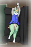  4_toes 5_fingers animal_crossing anthro balls barefoot big_penis bird&#039;s-eye_view blonde_hair blue_eyes bottomless clothed clothing feet fingers flaccid fur furniture genitals girly green_body green_fur hair hi_res high-angle_view huge_penis jacket lagomorph leporid lying male mammal mglblaze nintendo partially_clothed paws penis pink_penis rabbit sasha_(animal_crossing) sofa solo toes topwear video_games white_body white_fur 