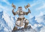  &lt;3 abs accessory anthro armor axe barbarian biceps big_breasts boss_monster bottomwear bovid breasts caprine clothed clothing cloud delta_rune_(emblem) detailed_background female fur goat headband horn jewelry loincloth mammal melee_weapon mountain muscular muscular_female necklace open_mouth rawslaw5 red_eyes skimpy sky solo symbol toriel unconvincing_armor undertale undertale_(series) video_games warrior weapon white_body white_fur 