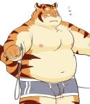  2021 anthro belly blush bulge clothing cursor felid japanese_text kemono male mammal meg_hoi moobs mouse_cursor nipples overweight overweight_male pantherine simple_background solo text tiger underwear white_background 