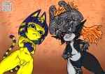  animal_crossing ankha_(animal_crossing) anthro blade_of_fury breasts crossed_arms domestic_cat duo featureless_breasts felid feline felis female frown genitals grin hands_on_hips hieroglyphics humanoid humanoid_pointy_ears imp looking_at_viewer low-angle_view mammal midna nintendo nude one_eye_obstructed pussy smile the_legend_of_zelda twili twilight_princess video_games 