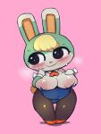  3:4 animal_crossing anthro big_breasts blush bodily_fluids breasts bunny_costume clothing costume crossgender featureless_feet featureless_hands female hand_on_breast hand_on_face hi_res huge_breasts lactating lagomorph legwear leporid looking_aside mammal mtf_crossgender nekoyuu nintendo nipple_slip pink_background rabbit sasha_(animal_crossing) short_stack simple_background smile solo stockings thigh_gap video_games 