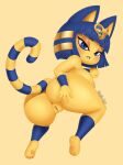  2021 a_z_artist animal_crossing ankha_(animal_crossing) anthro anus butt butt_squish domestic_cat felid feline felis female frown genitals hand_on_butt hi_res kneeling looking_at_viewer mammal nintendo nude pussy rear_view simple_background solo spread_butt spreading squish video_games 