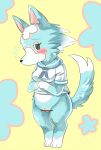  animal_crossing anthro blush bottomless canid canine canis censor_bar censored clothed clothing digitigrade female floral_background fushiana_ai genitals hi_res looking_at_viewer mammal nintendo pussy shirt simple_background skye_(animal_crossing) smile solo topwear video_games wolf 
