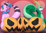  2021 ambiguous/ambiguous ambiguous_gender ampharos anthro anthro_on_anthro belly big_belly big_butt biped bodypaint bow_tie butt butt_focus butt_squish curled_tail duo fan_character food fruit green_body green_eyes hi_res huge_butt jack-o&#039;-lantern looking_back male_(lore) multicolored_body neckerchief nintendo nude pandashorts pink_body plant pok&eacute;mon pok&eacute;mon_(species) presenting presenting_hindquarters pumpkin pumpkin_butt raised_tail rear_view red_background serperior shiny_pok&eacute;mon simple_background squish two_tone_body video_games white_body 