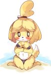  animal_crossing anthro arms_under_breasts beach big_breasts bikini blush breasts canid canine canis clothing domestic_dog female fushiana_ai hi_res isabelle_(animal_crossing) kneeling mammal nintendo nipple_outline seaside simple_background smile solo swimwear video_games 
