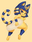  2021 a_z_artist animal_crossing ankha_(animal_crossing) anthro breasts butt clothed clothing domestic_cat felid feline felis female frown hand_on_butt hi_res kneeling looking_at_viewer mammal nintendo rear_view simple_background solo topless video_games wraps 
