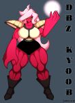  2018 absurd_res armor artist_name big_breasts big_hands breasts curvy_figure digital_media_(artwork) dot_eyes dragon_ball dragon_ball_z eyelashes female fingers freckles grey_background hair hi_res humanoid kyoob_(thegentlebro) long_hair looking_at_viewer mimic muscular muscular_female muscular_humanoid not_furry pink_hair red_body red_skin simple_background simple_eyes smile solo standing superix thick_thighs voluptuous wide_hips yellow_sclera 