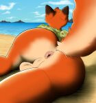  absurd_res anthro anus backsack balls beach big_butt bottomless butt butt_focus canid canine clothed clothing disney ears_up fox fur genitals hi_res infinibeans lying male mammal nick_wilde on_front orange_body orange_fur presenting presenting_hindquarters raised_tail sea seaside shirt solo tan_body tan_fur topwear water zootopia 