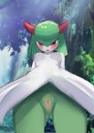  absurd_res alternate_version_at_source blush breasts female genitals hi_res humanoid kirlia looking_at_viewer low-angle_view nintendo not_furry outside pok&eacute;mon pok&eacute;mon_(species) pussy shiro_shiro solo video_games 