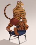  2021 4:5 anthro big_muscles butt chair clothing felid furgonomics furniture grey_background hi_res jrjresq kneeling looking_back male mammal muscular muscular_anthro muscular_male narrowed_eyes on_chair pantherine presenting presenting_hindquarters raised_tail simple_background smile solo tail_clothing tiger underwear 