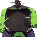  1:1 anthro belly belly_rub big_belly bobert bodily_fluids bulge clothed clothing erection felid fur genitals hi_res hungry inflation lustful_gaze male mammal moobs morgan_(sillysigma) muscular muscular_anthro muscular_male navel nipples overweight overweight_male pantherine pecs solo swelling tiger 