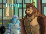  abs animal_humanoid blush canid canine canis digital_media_(artwork) domestic_dog duo gorilladoggo gym hi_res humanoid hybrid male male/male mammal muscular muscular_male pecs phanterbull poochybig tongue tongue_out wolfmonkey 