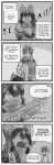  4koma anthro belt beltrax_kagayaki bodily_fluids bow_tie canid canine canis comic dialogue dialogue_box duo english_text female greyscale hair happy heather_(tetsushi) hi_res human kerchief male mammal melee_weapon monochrome no_pupils open_mouth smile solo sword tears tetsushi text weapon wolf young 