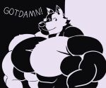  2021 abs absurd_res anthro barazoku biceps big_muscles big_pecs black_and_white black_background black_body black_fur bust_portrait canid canine canis crocobu dot_eyes english_text fur hi_res huge_muscles huge_pecs hyper hyper_muscles looking_at_viewer male mammal monochrome muscular muscular_anthro muscular_male nude pecs portrait profanity simple_background smile solo text tuft white_background white_body white_fur wolf 