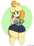  2021 3:4 absurd_res animal_crossing anthro big_breasts bottomwear breasts canid canine canis clothing domestic_dog female fur hi_res isabelle_(animal_crossing) mammal nintendo orange_body orange_fur plaid simple_background skirt smile solo thick_thighs tight_clothing ultrastax video_games white_body white_fur wide_hips yellow_body yellow_fur 
