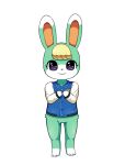  2021 ambiguous_gender animal_crossing anthro blonde_hair blue_clothing blue_topwear bottomless clothed clothing full-length_portrait fur green_body green_ears green_fur hair lagomorph leg_markings leporid mammal markings nintendo portrait rabbit sasha_(animal_crossing) simple_background smile socks_(marking) solo sum topwear video_games white_background white_clothing white_ears white_topwear 