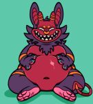  1mp anthro belly big_belly cheek_tuft chin_tuft demon facial_tuft fingers fur glowing glowing_eyes grin horn male navel overweight paws showing_teeth smile solo spade_tail stripes teeth tuft white_eyes 