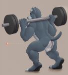  anthro anus balls blue_body blue_fur butt canid canine canis clawed_fingers domestic_dog exercise flexing fur genitals hi_res kkrevv male mammal perineum pit_bull raised_tail rear_view smile smiling_at_viewer solo weightlifting workout 