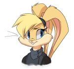  anthro blonde_hair blue_eyes clothed clothing eyelashes female hair lagomorph leporid lola_bunny looking_at_viewer looney_tunes mammal pink_ears pink_nose ponytail ponytail_ears rabbit simple_background solo standing tuft unknown_artist warner_brothers white_background 