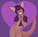  &lt;3 anonymous_artist anthro black_hair black_nose blush bottomless clothed clothing genitals hair kangaroo long_ears long_hair macropod male mammal marsupial penis pouch_(anatomy) small_penis solo torn_clothing 