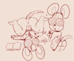  2021 actionbastardvirginblstr animal_crossing anthro anus book bottomless butt clothed clothing eyewear female front_view genitals glasses mammal monochrome mouse murid murine nintendo petri_(animal_crossing) pussy rear_view red_and_white rodent shoulder_stand sketch solo spiral_eyes video_games 