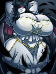  2021 absurd_res albedo_(overlord) anthro big_breasts black_hair blush breasts clothed clothing cosplay domestic_cat felid feline felis female hair hands_behind_head hi_res huge_breasts looking_at_viewer mammal nikki_(saucy) overlord_(series) solo superix wings 