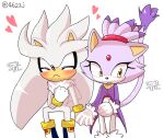  &lt;3 4622j accessory amber_eyes black_nose blaze_the_cat blush clothing duo footwear fur gloves grey_body grey_fur hair_accessory hand_holding handwear hi_res purple_body purple_fur sega silver_the_hedgehog simple_background sonic_the_hedgehog_(series) white_background white_body white_fur 