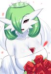  absurd_res big_breasts bouquet breasts cleavage clothed clothing female flower gardevoir green_hair hair hi_res nintendo not_furry plant pok&eacute;mon pok&eacute;mon_(species) rose_(flower) sana!rpg solo video_games white_body 