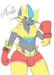  anthro azurioad boxing boxing_gloves bulge clothing felid gloves handwear hi_res legendary_pok&eacute;mon male mammal nintendo pok&eacute;mon pok&eacute;mon_(species) simple_background solo sport video_games zeraora 