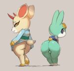  2021 animal_crossing anthro asian_clothing backsack balls blonde_hair bottomless butt cervid clothed clothing cloven_hooves digital_media_(artwork) dippsheep duo east_asian_clothing female genitals green_body grin hair hooves horn japanese_clothing kimono lagomorph leporid looking_at_viewer looking_back looking_back_at_viewer male mammal nintendo rabbit rear_view sasha_(animal_crossing) shaded shino_(animal_crossing) smile standing tan_body video_games 