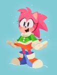  accessory anthro black_nose blue_eyes blush bottomwear classic_amy_rose classic_sonic_(universe) clothing eyelashes female fiinel footwear fur gloves hair_accessory hairband handwear hi_res pink_body pink_fur sega shoes simple_background skirt solo sonic_the_hedgehog_(series) white_clothing white_gloves white_handwear winter 