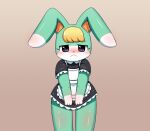  2021 3_fingers :&lt; animal_crossing anthro black_clothing blonde_hair blush clothing dipstick_ears ears_down embarrassed fingers floppy_ears frilly frilly_clothing front_view fur gloves_(marking) gradient_background green_body green_ears green_fur hair lagomorph leporid long_ears maid_uniform mammal markings multicolored_ears nintendo orange_inner_ear pivoted_ears rabbit sasha_(animal_crossing) simple_background solo sum two_tone_ears uniform video_games white_clothing 
