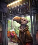  2021 accipitriform anthro avian beak beverage bird bubble_tea catalan_text clothing digital_media_(artwork) english_text feather_hands feathers half-length_portrait hi_res holding_beverage holding_object inside jacato jacket looking_at_viewer male orange_eyes portrait signature smile smiling_at_viewer solo standing text topwear train vehicle vulture window 