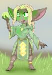  big_ears blackbetty breasts clothed clothing druid female fur hair humanoid league_of_legends magic magic_user mammal open_mouth riot_games short_stack simple_background smile solo thick_thighs tribal_spellcaster video_games yordle 